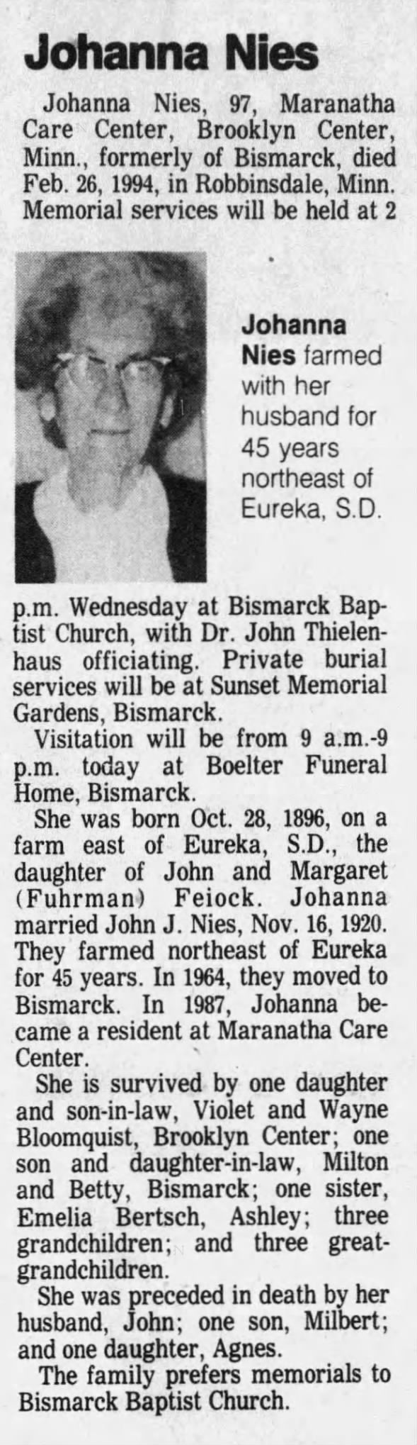 Obituary for Johanna Nies, 1896-1994 (Aged 97)
